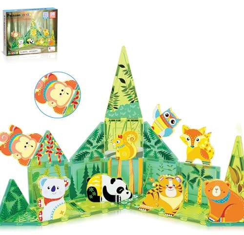 PicassoTiles Magnet Tile Building Blocks Forest Animal Themed Playset with 8 Character Action Figures Educational STEM Learning Construction Kit Pretend Play Magnetic Tiles Toddler Kids Ages 3+ PTQ26