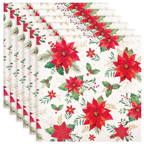 Arquiel Servietten Weihnachten Blume 6er-Set, Stoffservietten 100% Baumwolle Rot Weiches Hochwertige Wiederverwendbare Esstisch Servietten für Weihnachten Küche Haushalt Party(45×45cm)