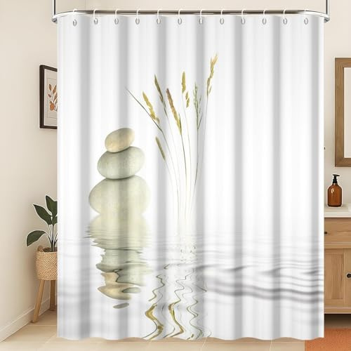 Xiaoterna Heilbad Garten Duschvorhang Wildes Gras Reflexion im Wasser Meditation Bad Vorhang Rustikaler Spa Stein Wasser Weißer Duschvorhang Maschinenwaschbar Wasserdichter Stoff 150x180cm