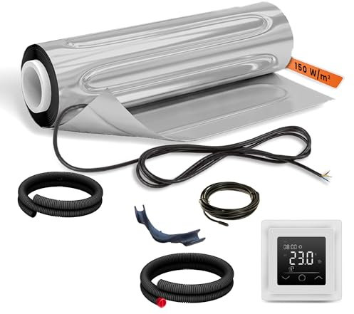 EH Expert AluPROFI -150 W/m²- 12 m² - - Heizmatten-Set für schwimmende Bodenbeläge – Elektrische Fußbodenheizung für Vinyl, Laminat, Parkett – mit Touch-Thermostat und Installationsmaterial (Weiß)