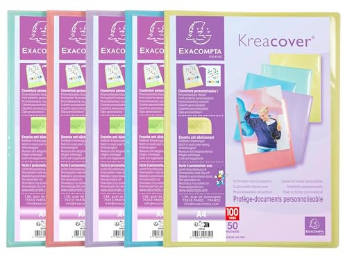 Exacompta - Réf. 5859E - Carton de 10 Protège-documents personnalisable Kreacover Pastel - 50 pochettes cristal lisse - 100 vues - pour A4 - dim 24x32cm - couverture en polypro semi-rigide