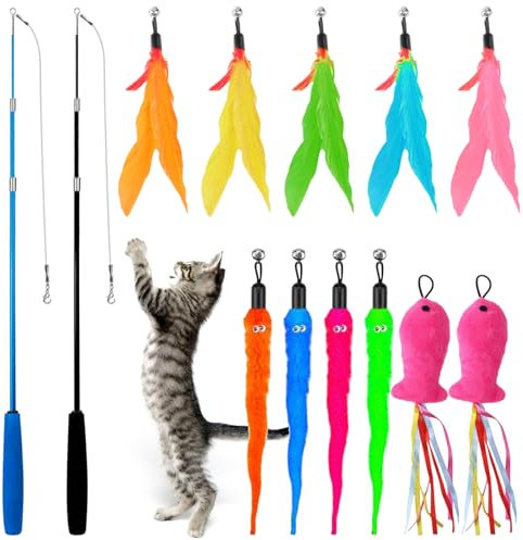 Gebiuhoo 13 Stück Katzen Spielzeug Kitten Angel, Katzenspielzeug mit Federn, 2 Verstellbare Katzenangel, 5 Federn, 4 Würmer, 2 Fisch Interaktives Katzenspielzeug Set für Indoor Kitten Katzentraining