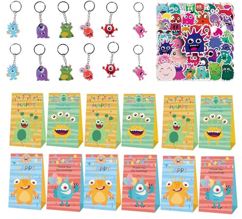JWTRSVTY 74Pcs Monster Kindergeburtstag Geschenke, Monster Theme Party Geschenke, Monster Party Mitgebsel mit Kinder Monster Schlüsselanhänger Geschenktüten Aufkleber, für Jungen Mädchen GastGeschenk