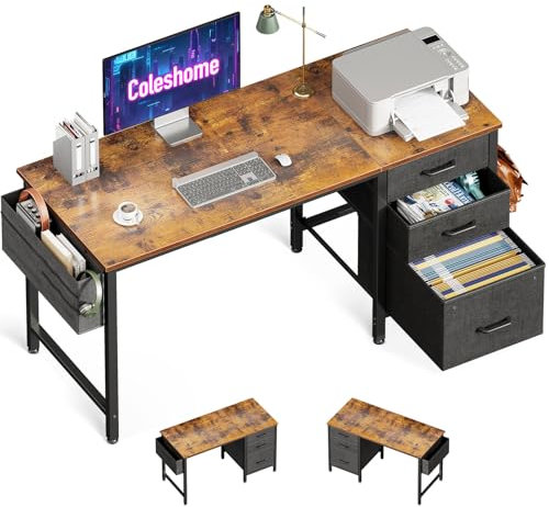 Coleshome Bureau avec 3 Tiroirs en Tissu, Bureau Informatique avec Porte-Casque et Sac de Rangement, Bureaux D'ordinateur Réversible pour Petit Bureaux à Domicile (Marron, 120x48cm)