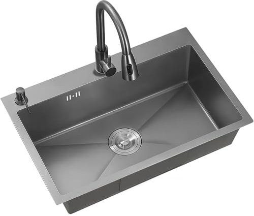 Fregadero bajo Encimera gran 80x50cm, Fregadero Cocina 1 Seno + Grifoextraíble de agua fría y caliente,Apto para instalación bajo encimera, Enrasado o Sobre encimera