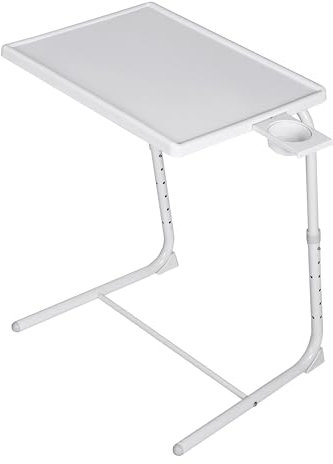 T-LOVENDO.ES Mesa Plegable Auxiliar pequeña portátil con Altura Ajustable Comedor. Ideal Escritorio Ordenador Sofa Cama o Cocina. con Posavasos. 3 ángulos, 6 Alturas. Blanca.