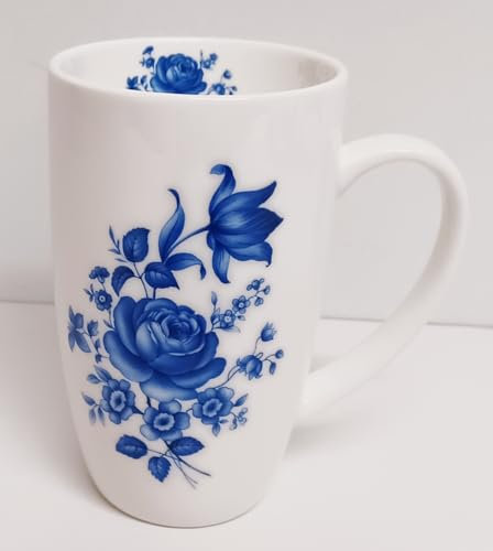 Rainbow Decors Delft Blue Mug Bone China Elegant Blue Floral Empire Cup 15fl oz 425ml Chocolate Latte Tea Hand Decorated UK