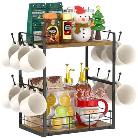 Palmcee Coffee Bar Organizer, 2 Tier Countertop Station Rack with 12 Hooks for Home Office Kitchen Multifunctional Coffee Mug Cup Holder Anti-slip, Rust-proof, Keep Tidy