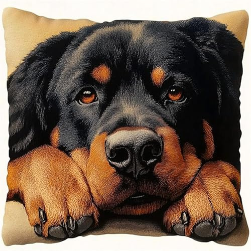 AxiangziK Tier Hund DIY Knüpfkissen Set erwachsene,Süßer Rottweiler,knüpfkissen set,Knüpfkissen,Überwurfkissen,Matte,Stickerei-Bastelsets für Anfänger Heimdekoration,17x17in