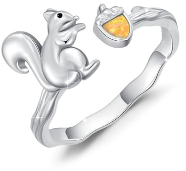 REDSUN Anillo de ardilla para mujeres y niñas anillo abierto de plata de ley 925 con ámbar/azul/rosa/verde/blanco ópalo anillos ajustables ardilla y avellana joyas, Plata de ley, Ópalo