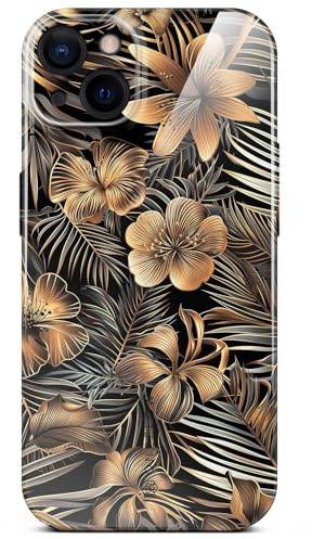 ONEFLOW Flower Cover für iPhone 15 Hülle in Floral Optik, Blumen Designer Case Handy Schutzhülle mit Kameraschutz, Hardcase dünne Handyhülle Blumenmuster, Gold Schwarz