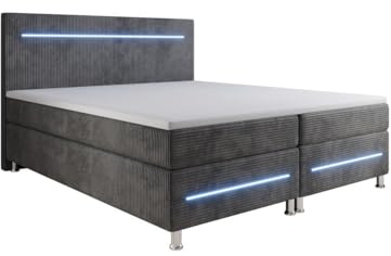 Luxusbetten24 Boxspringbett Sejour 180x200 in Cord mit LED-Beleuchtung | Bezug: Cord | Farbe: Grau | Härtegrad: H4 (100kg+)