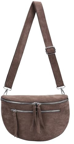 Damen Tasche Gürteltasche Crossbody Leder Optik Hüfttasche Bauchtasche Umhängetasche Cross-Over Bodybag Schultertasche Handytasche Wildleder Dunkeltaupe