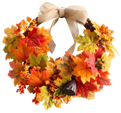 Herbstdeko Türkranz Herbst Dekoration, 45CM Herbstkranz Haustür, Ahornblatt Lotoskapseln Türkranz Herbst Deko Außen, Trockenblumen Kranz Haustür, Tür Herbstdeko Hängend Türkränze für Thanksgiving