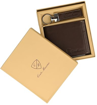 Conte Massimo, Cofanetto Regalo Uomo, Portafoglio con Portamonete e Portachiavi In Vera Pelle, PROTEZIONE RFID