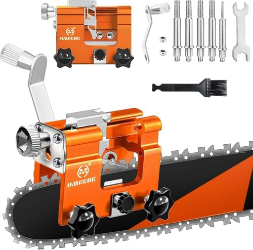OMCCHK Chainsaw Sharpener with Carry Bag, Chain Saw Sharpener Tool with 5 Titanium Plated Sharpening Burrs, Portable Hand Crank Chainsaw Sharpener Jig Kit for 4-22 Chain Saw
