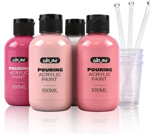 Colorful Pink Series - Juego de pintura acrílica para verter botellas de 100 ml de 4 colores con vasos, palos y guantes, pinturas listas para verter líquidos, perfectas para proyectos de arte y