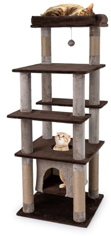 COSTWAY Arbre à Chat XXL 148 cm, Condo Flottant, 6 Plateformes, 6 Poteaux à Griffer en Jute, Arbre a Chat Maine Coon, Pompon Suspendu, Trou d'Exploration, Tissu Peluche, 56 x 56 x 148 cm, Café