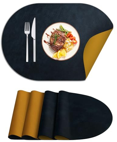 MiKoyi Tischsets Abwaschbar, 4er Set Oval Leder-Imitat Platzdeckchen Platzsets, Doppelseitigen Platzset, Abgrifffeste Hitzebeständig Tischsets, Lederoptik Platzset für Küche 45x30cm (Blau Gelb)