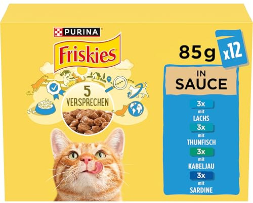 FRISKIES in Sauce mit Lachs, Thunfisch, 72er Pack (6 x 12 x 85g) | Katzenfutter nass mit Lachs, Thunfisch, Kabeljau, Sardine