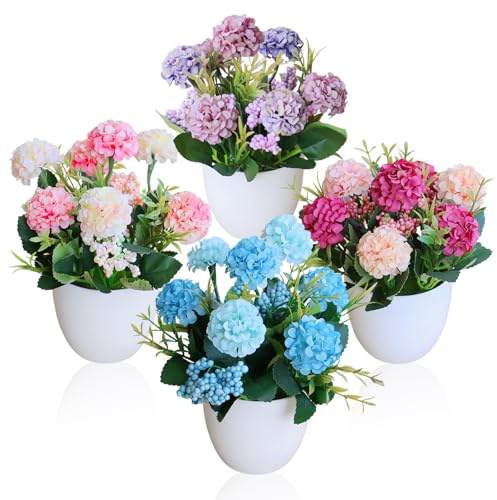 GZGXKJ 4 unidades de flores artificiales en maceta, plantas artificiales, pequeñas plantas artificiales, crisantemo, decoración de mesa, interior y exterior, arreglos florales, plantas verdes para