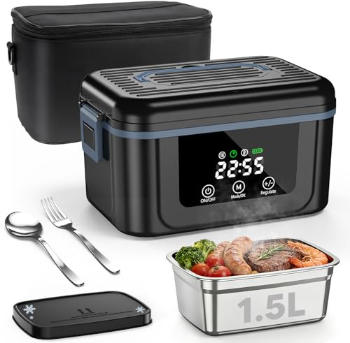 GoldHive 1.5L Cordless Electric Heated Lunch Box with LCD & Ice Crystal Box | 18000mAh Intelligent Electric Lunch Box , Portable Food Warmer with Stainless Steel for Camping, Office, Cars, Picnic, Travel