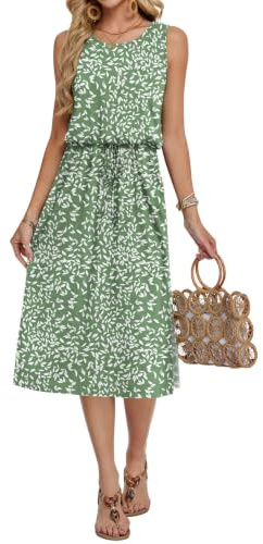 AUSELILY Robe d'été élégante pour femme - Robe midi sans manches - Robe de plage - Robe de loisirs avec poches, S
