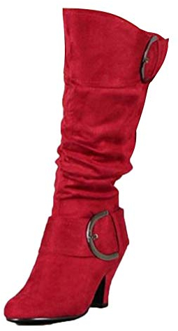 ORANDESIGNE Lungo Stivali Donna Alti Zeppa Biker Stivali Pelle Equitazione Stivali con Tacco Invernali Eleganti Casual Scarpe Rosso 40 EU