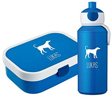 4ou Design Mepal Set Brotdose & Trinkflasche personalisiert mit Namen – Silhouette Hund blau – Auslaufsicher, Bento Einsatz rausnehmbar, inkl. Snackgabel – BPA frei – Geschenk für Kinder