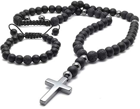 Set Handmade Armband mit Halskette Kreuz Hämatit Onyx Lava Schwarz Perlenschmuck