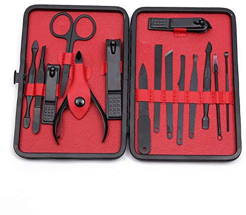 TOPWAY Nail Clippers Manicure Pedicure Professional Grooming Kit for Agnail, Cuticle, Callus, Dead Skin, Blackhead, Acne, Ingrown Hair, Ear, Eyebrow Care Travel Set 15pcs Red + Alcohol Pads + Case