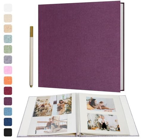 Vienrose Selbstklebendes Fotoalbum aus Leinen, 40 Seiten, 28x27 cm, Lila | Fotoalbum zum Einkleben und Selbstgestalten, Groß Leinen Photoalbum, Metallstift, Hochzeit Jahrestag Reise Geburtstag