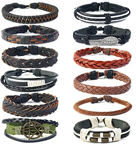 12 Pieces Vintage Woven Bracelets, Braided Leather Bracelets/Bracelets/Bracelets DIY Handmade, Adjustable Rope Bracelet Set, Vintage Punk Bracelet for Men Women, 7 Inch, Leather, 7 pouces, Leather
