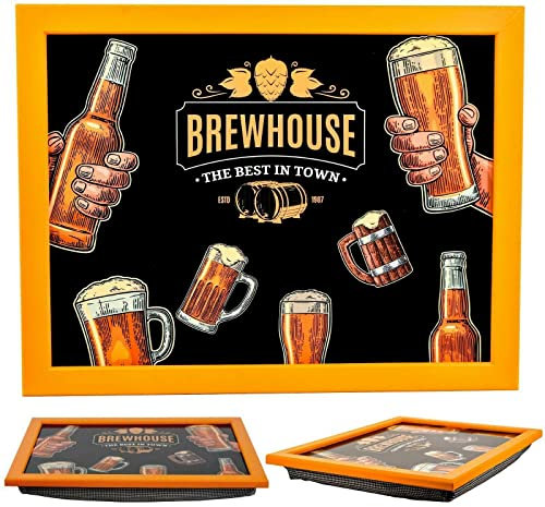 MTS Wooden Lap Trays with Bean Bag Cushion - Brewhouse Design - Large Padded Tray for Adults - Suitable for Food, Work, Art, Studies, TV, Sofa, Bed - Great Gift for Men and Beer Lovers