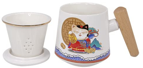 Amruta Lucky Cat Mug, Tea Cup with Infuser and Handle, 15oz Ceramic Mug Set with Lid and Wood Handle, Great for Everyday Use Steeping Loose Leaf Tea and Tea Infusions