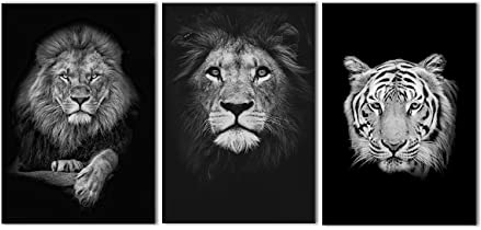 ZHONGYUTONG 3 Stück Schwarz Weiß Tier Leinwand Kunstdruck Tiger Löwen Gemälde Bild Poster für Wohnzimmer Schlafzimmer Heimdekoration (Kein Rahmen, 20x25cmx3 Teilig)