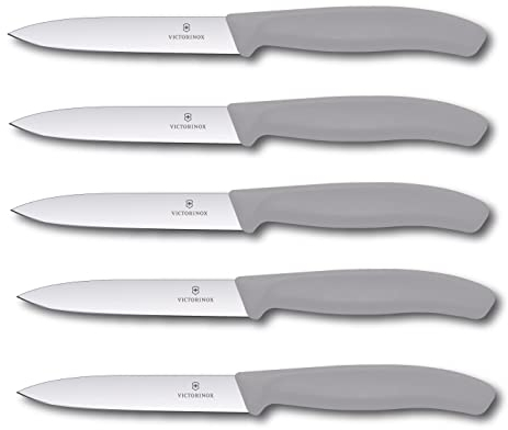 Victorinox 5-tlg Gemüsemesser Set Swiss Classic Cool Grey/Grau – 10 cm ohne Wellenschliff – Tomatenmesser