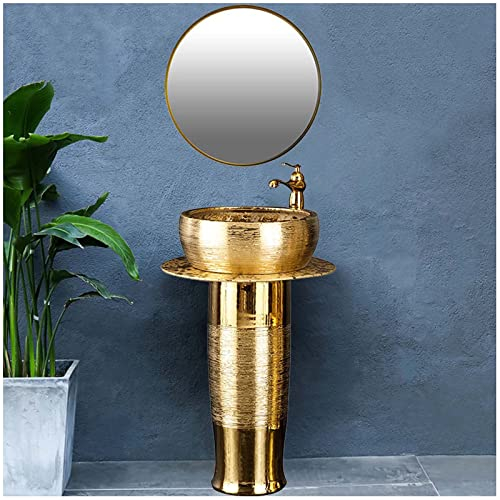EXTLEZSA Standwaschbecken, Luxus Standwaschtisch Gold Farbe Waschtisch Für Drinnen Und Draußen mit Wasserhahn/Einlassrohr/Abfluss/Eckventil (Mit Spiegel,Gold)