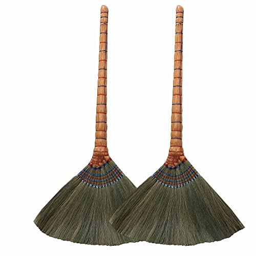 Balai en paille tissé à la main avec manche long - Balai à poils doux naturels - Lot de 2 balais de nettoyage de 88,9 cm pour le bureau, la maison, la cuisine, le hall d'entrée