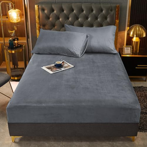 Fleece Spannbettlaken 160x200 Grau Warm Plüsch Samt Kuschelige Boxspringbett Frottee Bettlaken Biber Spannleintuch 160 x 200 Doppelbett Uni Muster Leintuch für Hohe Matratze Hoher Steg bis 25-30 cm