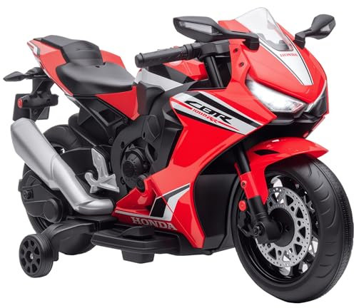 HOMCOM Moto Eléctrica con Licencia Honda para Niños de 3-5 Años Moto a Batería 6V con Faro Bocina Música y Ruedas Auxiliares Extraíbles Carga 30 kg 90x44x52 cm Rojo