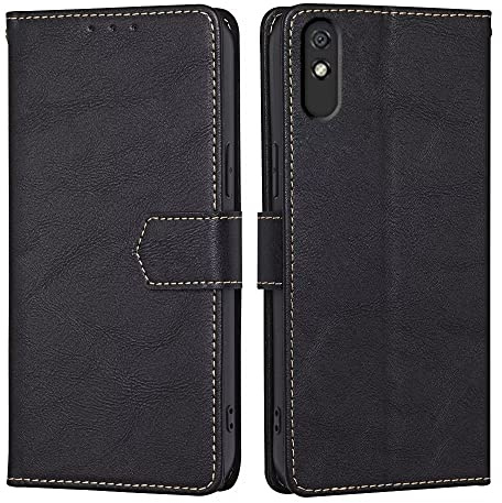 RankOne Hülle für Redmi 9A / Redmi 9AT (6.53 Inches) Handyhülle Aus Leder - Hülle mit Magnetverschluss - Schutzhülle - Schwarz