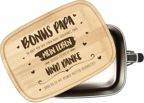 Tassenbrennerei Brotdose mit Spruch - Bonus Papa, du hast mein Leben besser gemacht - 1000ml Edelstahl Box mit Bambusdeckel graviert - Geschenk für Stiefvater (Bonus Papa)