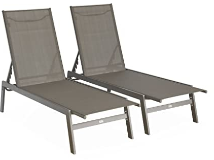 2er-Set Liegestuhl aus Textilene und Metall mit mehreren Positionen. Taupe. L 155 x P 59 x H 106 cm