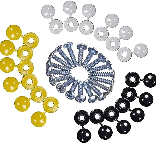 JEOPKO Car Number Plate Fixing Kit, Screws & Caps Number Plate Screw Caps Car Registration Plate Fixings, 18 Screws, 18 Caps,Number Plate Fixing Fitting Kit, White Yellow & Black Caps.