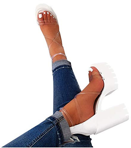 Sandalias de tacón alto con cordones: sandalias para mujer, elegantes para fiesta, tacón de embudo, sandalias transparentes para mujer, tacón de bloque para boda, zapatos de noche, sandalias romanas