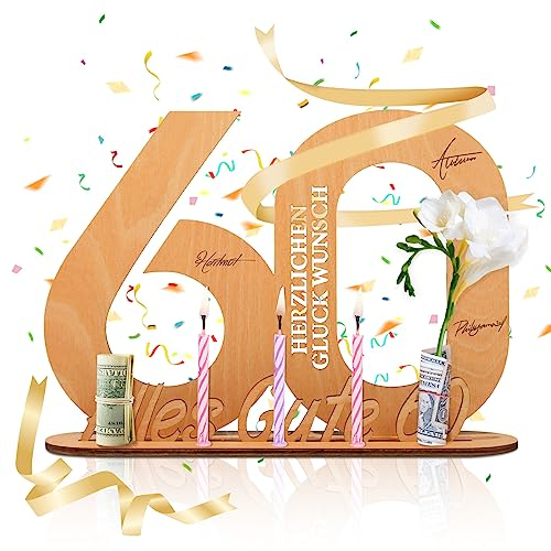 RUMIA Holzschild Gästebuch 60 Geburtstag Deko Für Männer Frauen Number 60 Gästebuch als Personalisierbares Geschenk Für 60 Geburtstag Hochzeitstag Deko