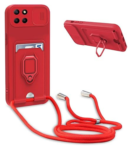 BGHHEU Coque avec Cordon pour Samsung Galaxy M12/A12,Collier pour Étui Colliers de cellulaire Réglable Corde Silicone Souple Case,Protection de la Caméra,Support,Porte Cartes - Rouge