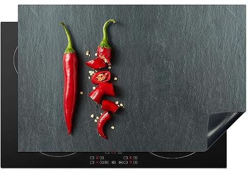 KitchenYeah© Herdabdeckplatte Einteilig Induktionsmatte Küche Abdeckung Ceranfeld Herd Abdeckplatte Deko Vinyl Matte Aufrollbar Pfeffer - Rot - Gewürz - Grau - Grün - 80x52 cm