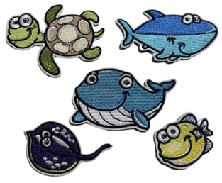5 Pieces Embroidered Patches,Sew on/Iron on Patches,Sea Creature,Fish,Turtle, Shark,Whale, Cute Ocean Animal Applique for DIY Accessory